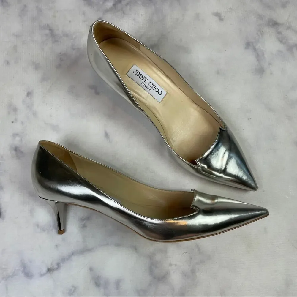 Jimmy Choo Allure Silver Metallic Pumps Kitten Heel Pointed Toe Sz 39.5